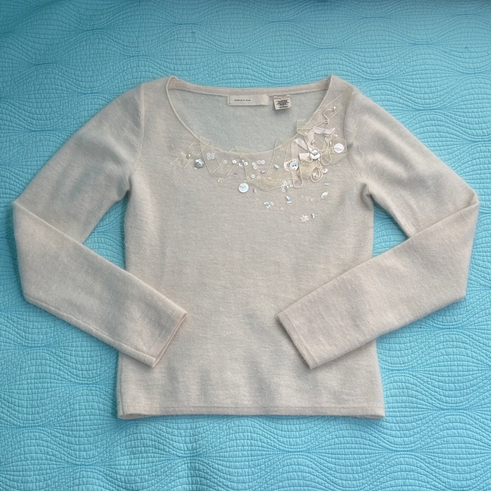Anthropologie Embellished Cream Wool / Angora Rabbit Hair Blend Sweater